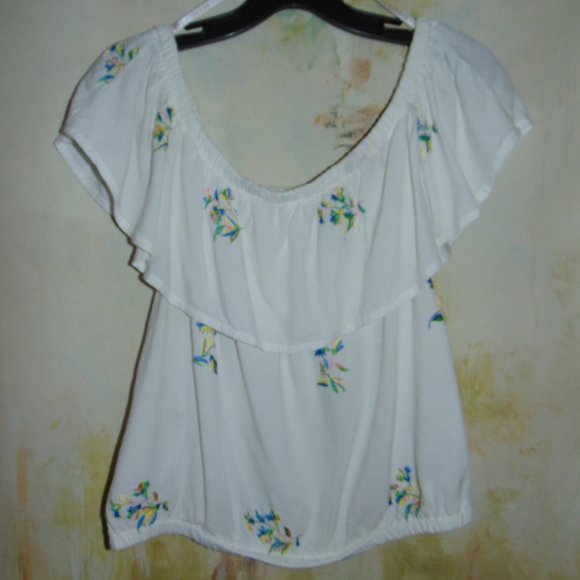 Guess Women’s Y2K Prairie Off Shoulder Ruffle Sleeveless Gauzy Top Floral L - Picture 4 of 7